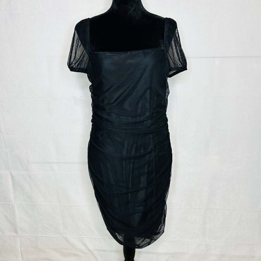 Princess Polly Black Charvi Mini Dress Size 18 Ruched Mesh Overlay Short-Sleeve